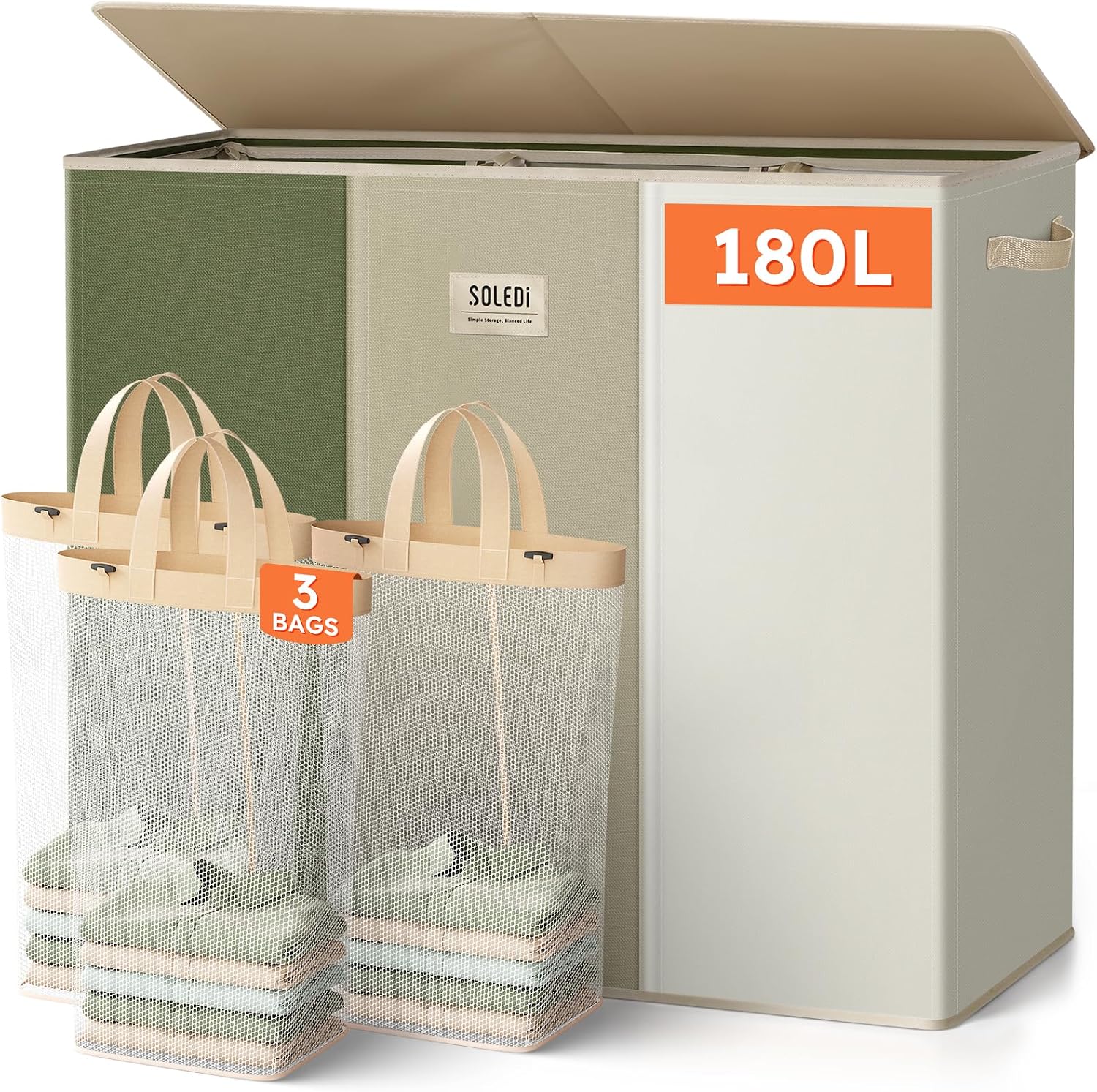 SOLEDI 180L Laundry Hamper 3 Section, Extra Large Laundry Hamper with Lid, Dirty Clothes Hamper with Sturdy Handle