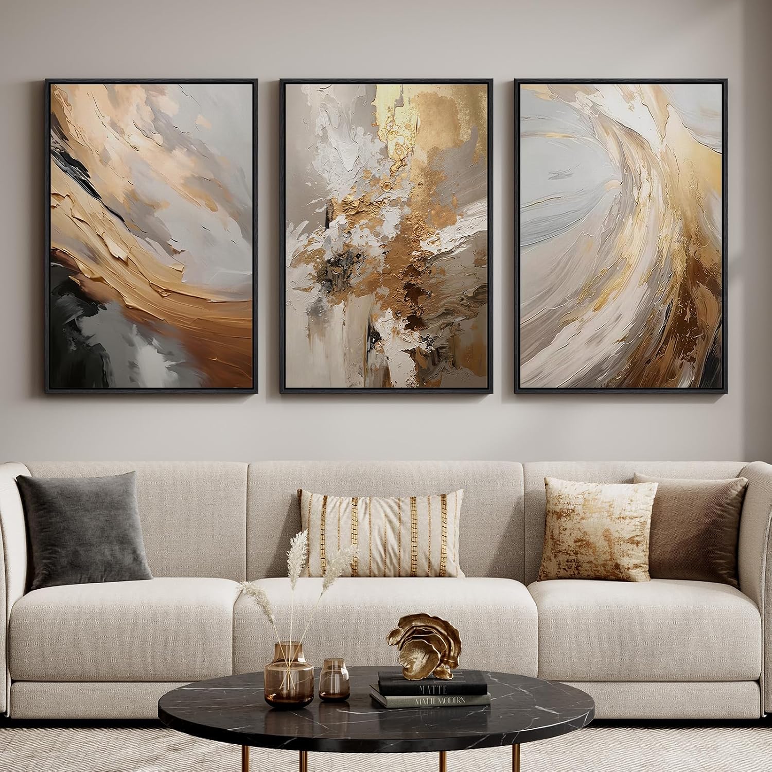 Large Framed Neutral Abstract Wall Art for Living Room, 3 Piece Modern Canvas Prints Paintings Artwork for Walls
