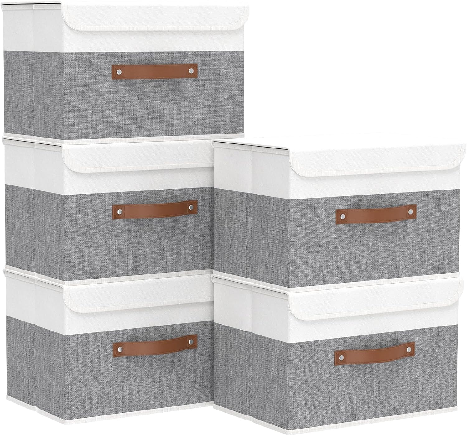 Yawinhe Storage Bins with Lids, Beige, 17.7x11.8x11.8in, 5-Pack, Fabric Container with Leather Handle, Washable Home Basket
