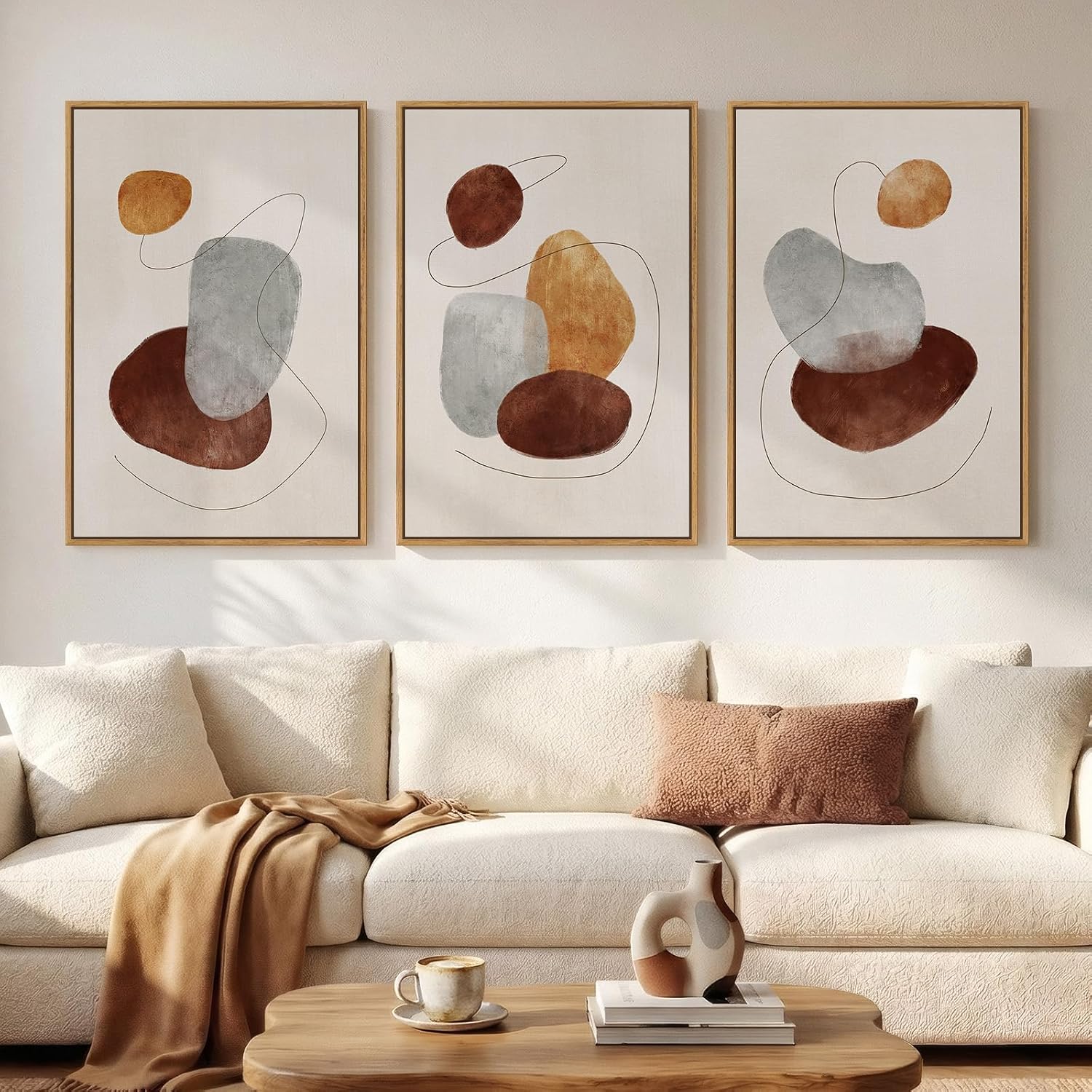 Large Framed Neutral Abstract Wall Art for Living Room, 3 Piece Modern Canvas Prints Paintings Artwork for Walls