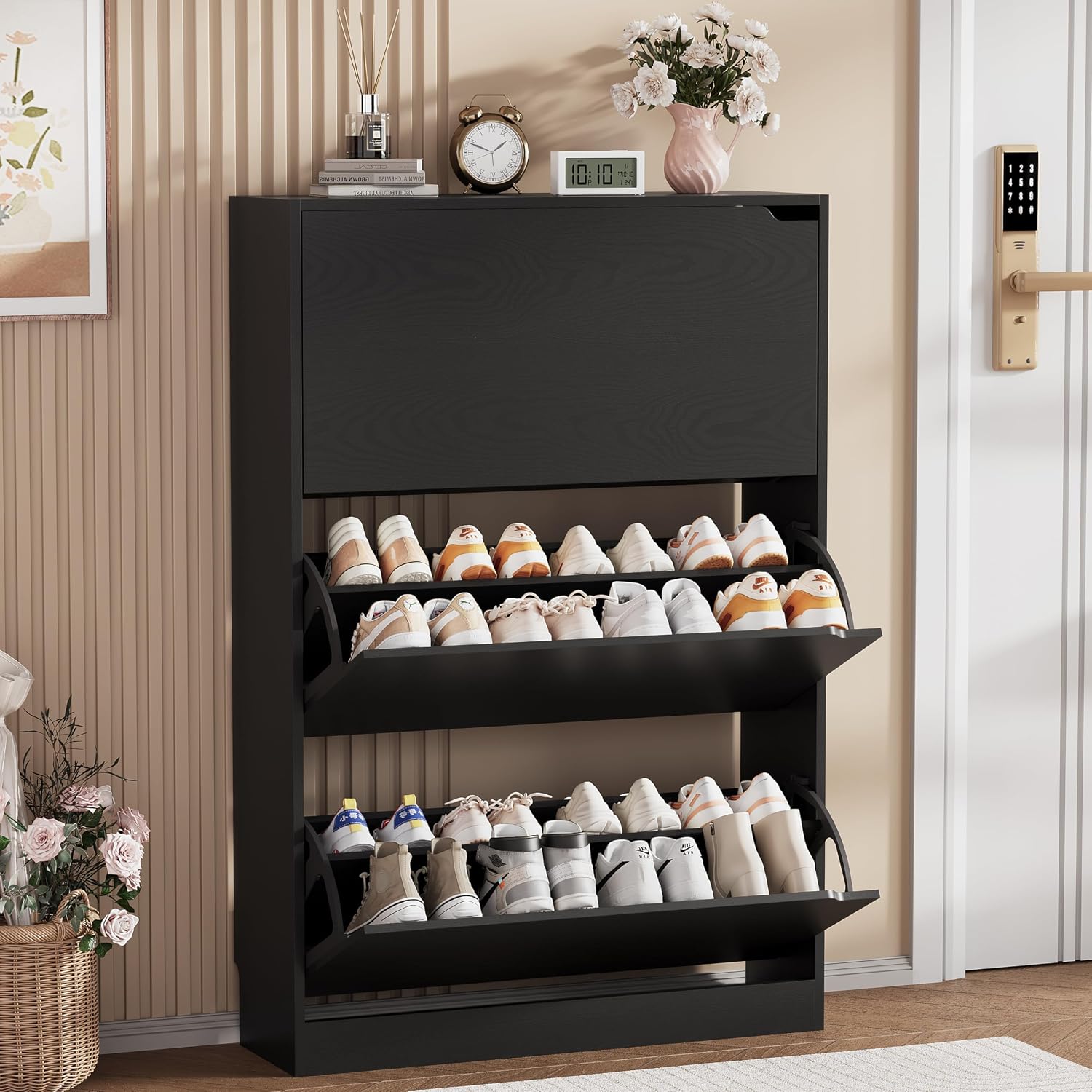Shoe Storage Cabinet, Wood Shoe Organizer for Entryway with 3 Flip Drawers, Freestanding Shoe Rack with Adjustable Shelf