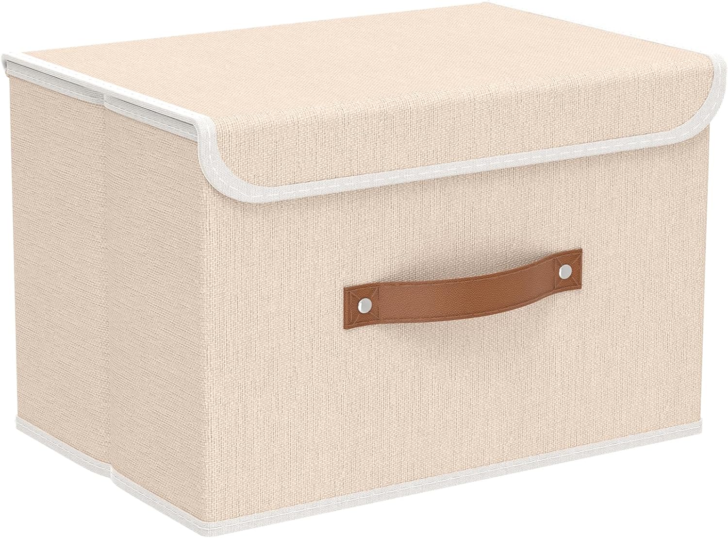 Yawinhe Collapsible Storage Boxes, Linen Fabric Baskets, Bin with lid and Leather Handle, Washable, for Home, Closet, Beige, 17.7''Lx11.8''Wx11.8''H