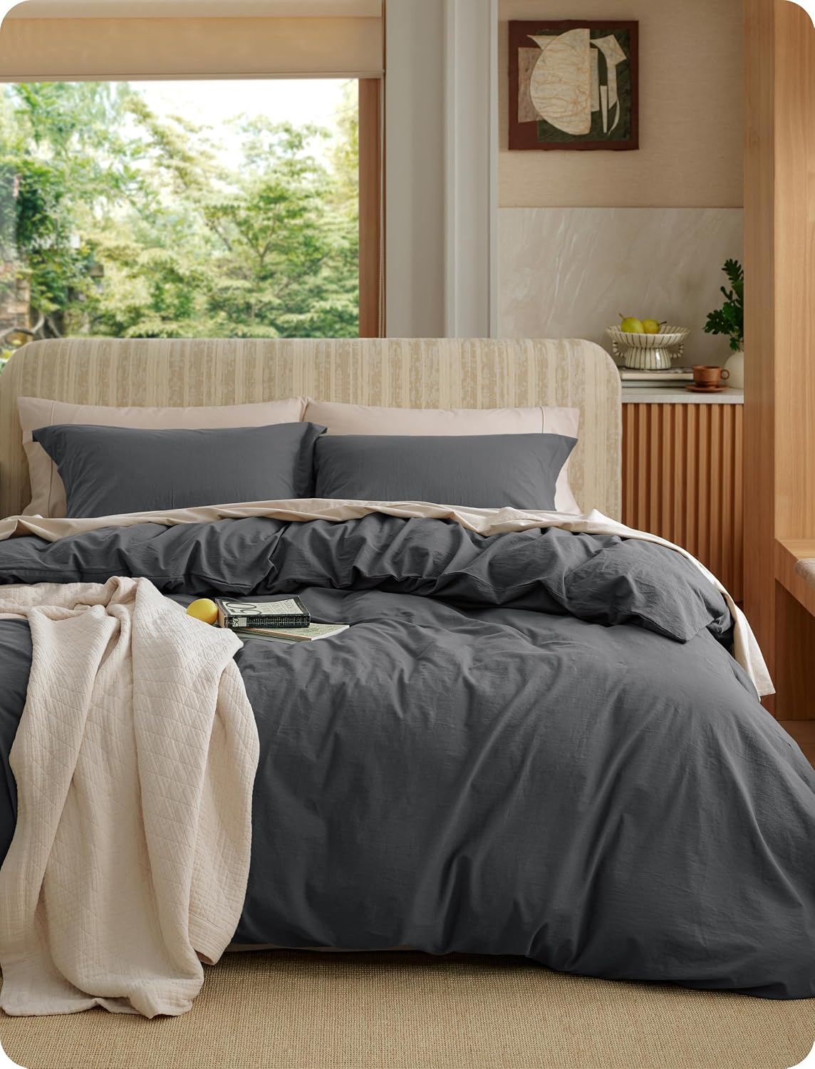 Bedsure 100% Washed Cotton Duvet Cover King Size - Sage Green Minimalist Bedding Set Linen Like - PureWoven Plain Simple and Soft Comforter Cover for