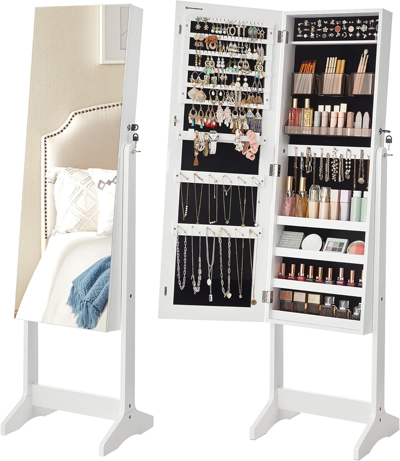 SONGMICS LED Cabinet Standing, Lockable Jewelry Armoire with Full-Length Mirror, Space-Saving Jewelry Organizer with Mirror, Bottom Drawer and Shelf