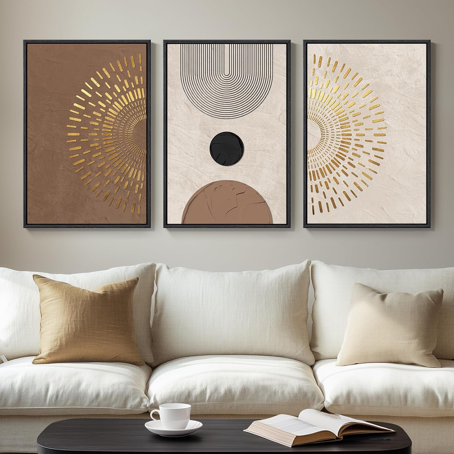Large Framed Neutral Abstract Wall Art for Living Room, 3 Piece Modern Canvas Prints Paintings Artwork for Walls