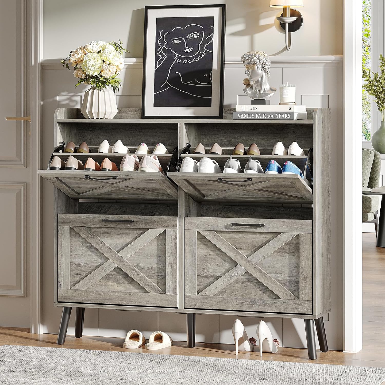 Maupvit Shoe Storage Cabinet with 2 Flip Drawers, Freestanding Shoe Organizer with Metal Legs for Entryway, Narrow Shoe Rack Cabinet, Rustic Brown