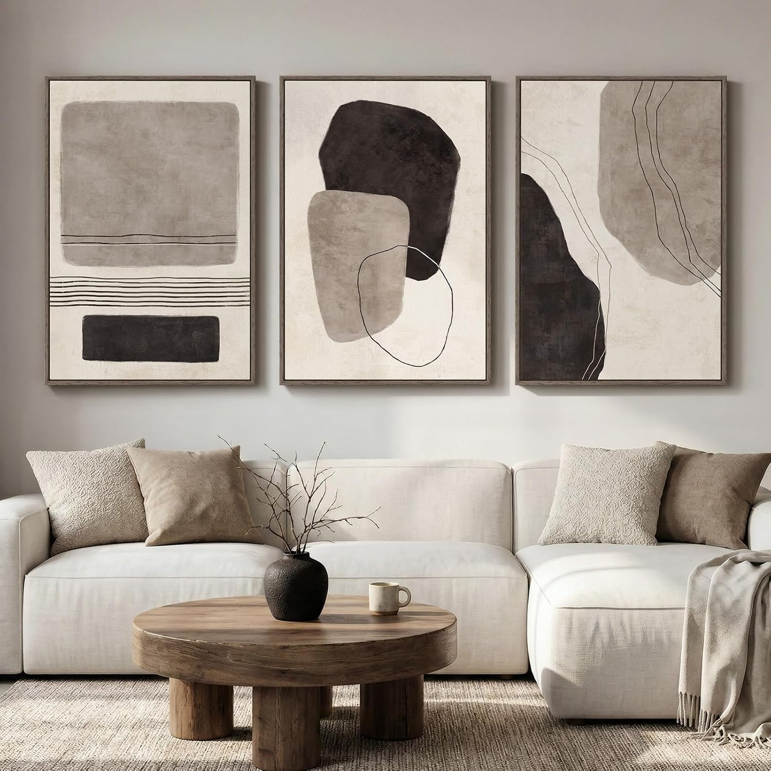 Large Framed Neutral Abstract Wall Art for Living Room, 3 Piece Modern Canvas Prints Paintings Artwork for Walls
