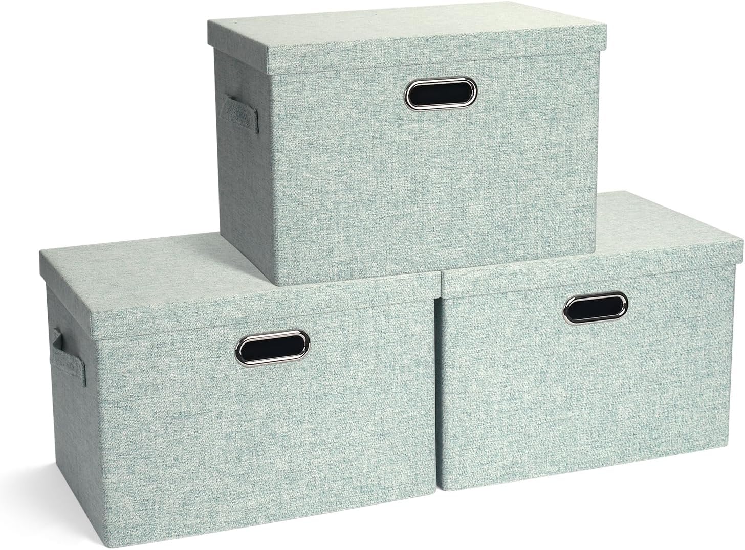 Graciadeco Large Quart Collapsible Stackable Storage Bins with Lids, 3 Packs Beige Linen Fabric Closet Boxes with Lids