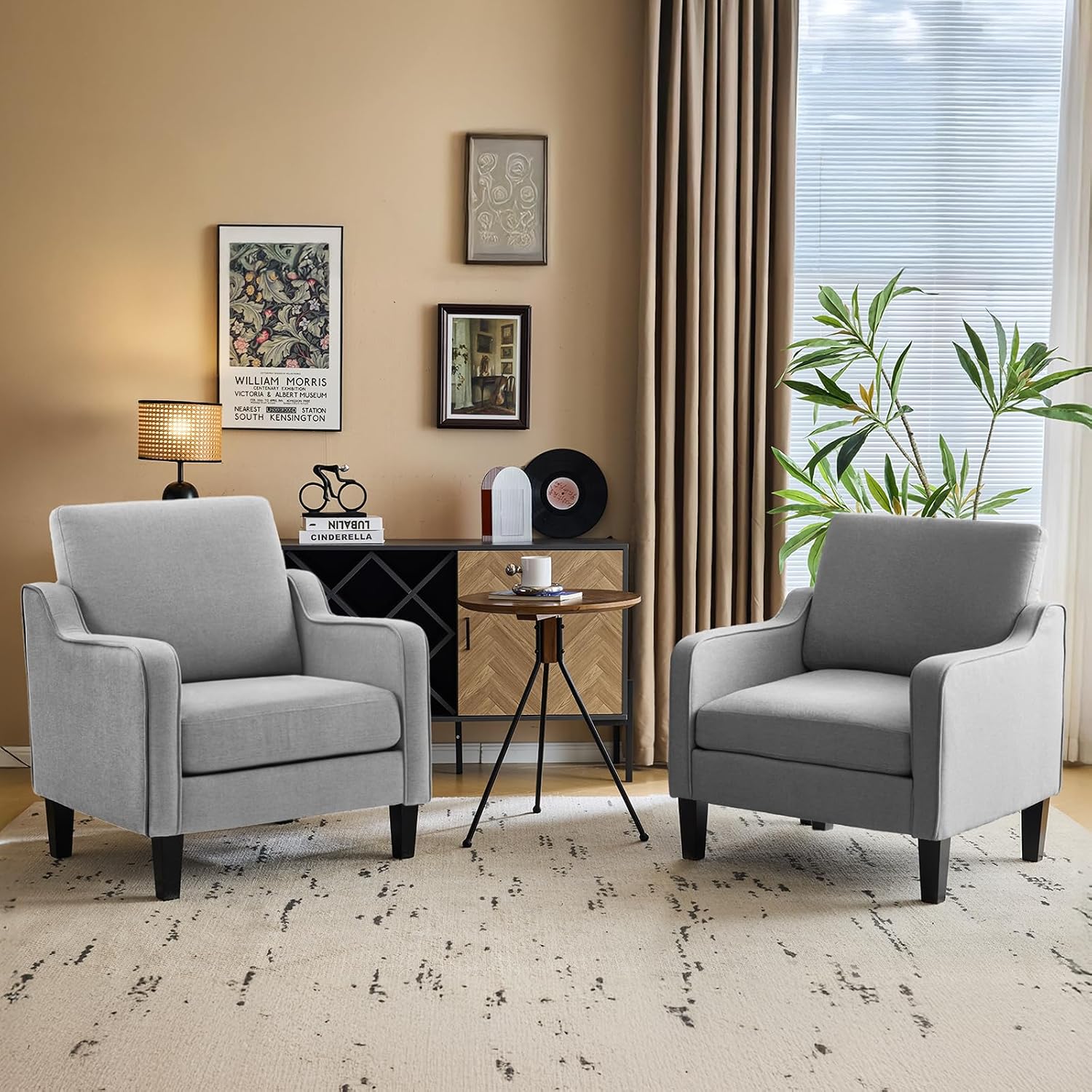 VINGLI Mid Century Modern Accent Chair, Light Grey Fabric Accent Chairs for Living Room Upholstered Armchair with Scooped Arms for Bedroom, Apartment