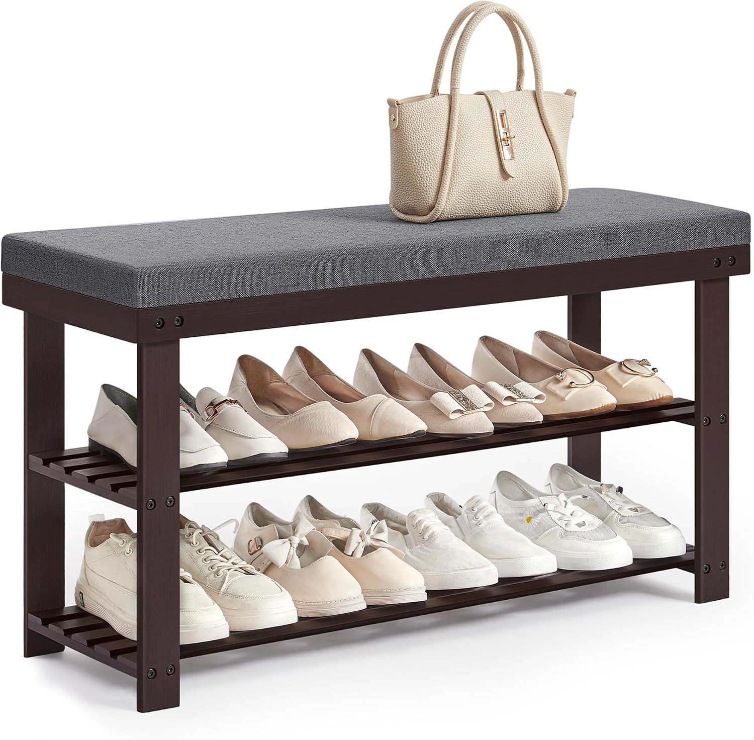 SONGMICS Bamboo Shoe Bench, 3-Tier Shoe Rack Organizer for Entryway, Living Room, Bench Seat Holds Up to 300 lb, 11.9 x 28.3 x 19.2 Inches