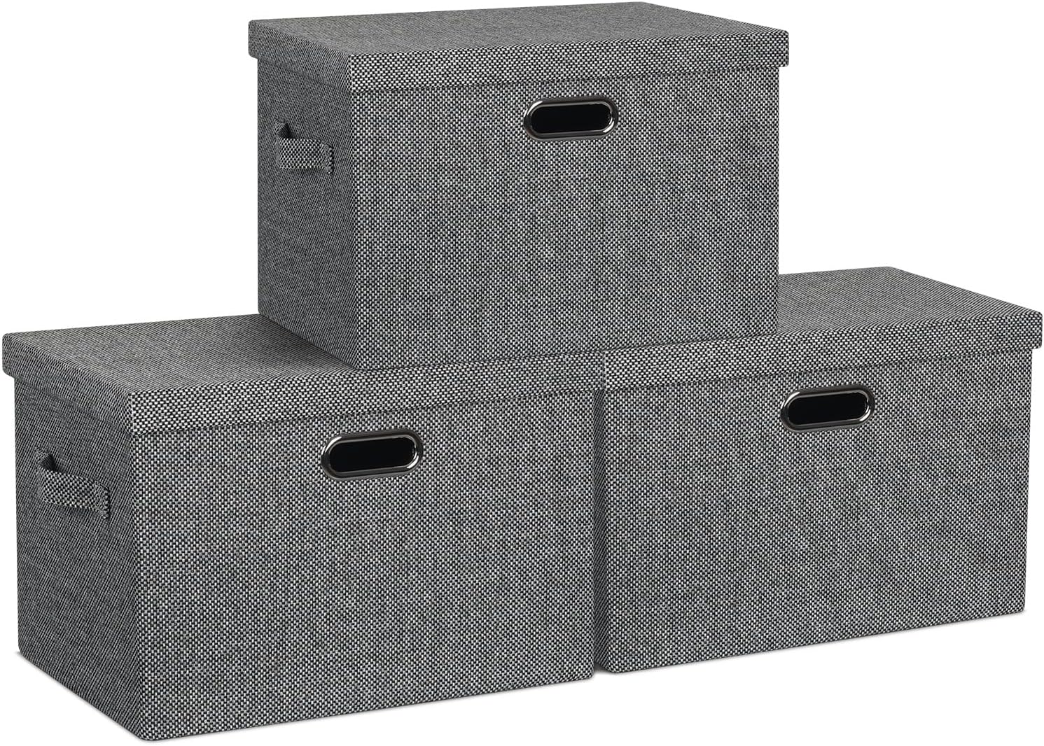 Graciadeco Large Quart Collapsible Stackable Storage Bins with Lids, 3 Packs Beige Linen Fabric Closet Boxes with Lids