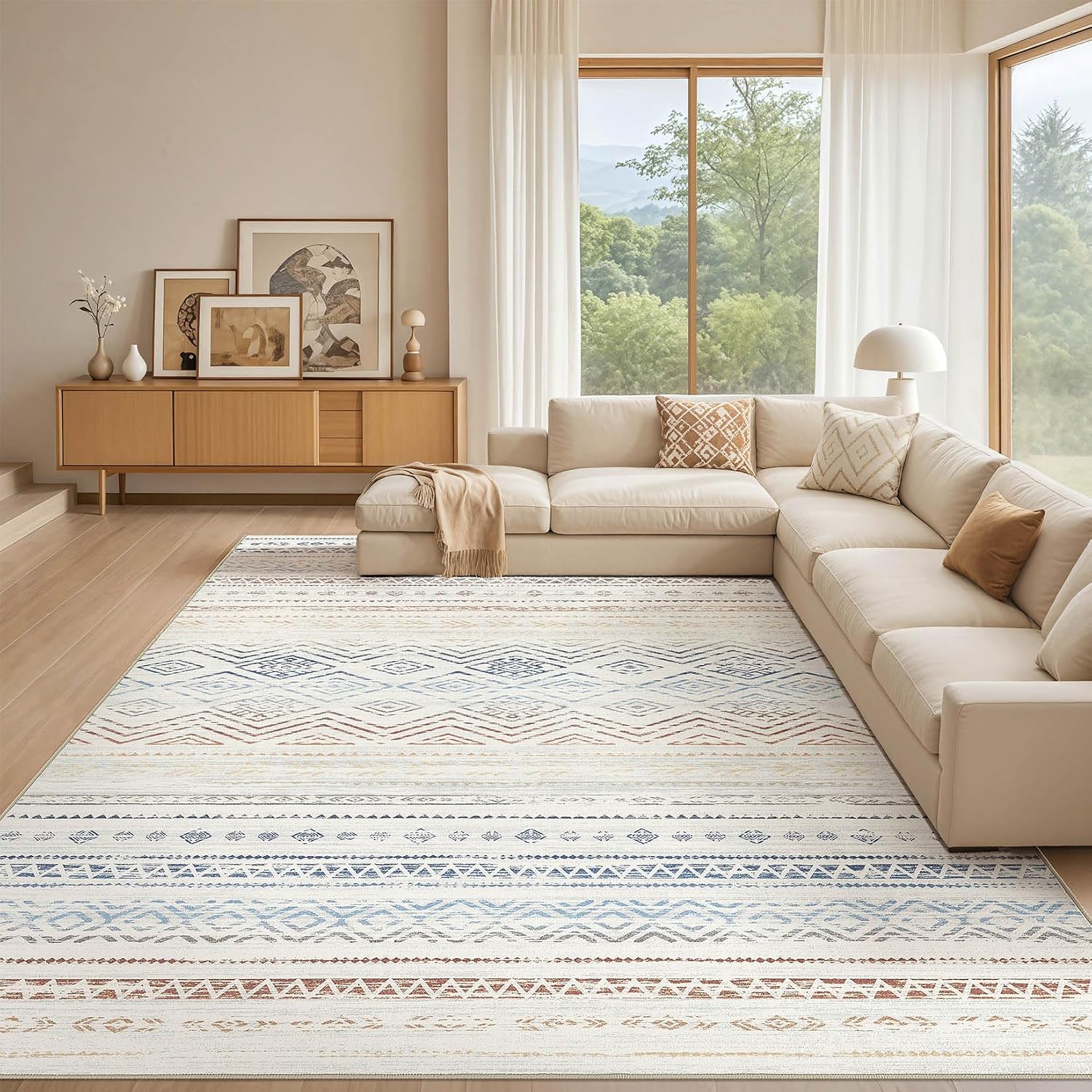 Tortania Area Rug Living Room Rugs - 10x12 Washable Large Soft Neutral Boho Moroccan Bohemian Farmhouse Rug Indoor Floor Carpet for Bedroom Under