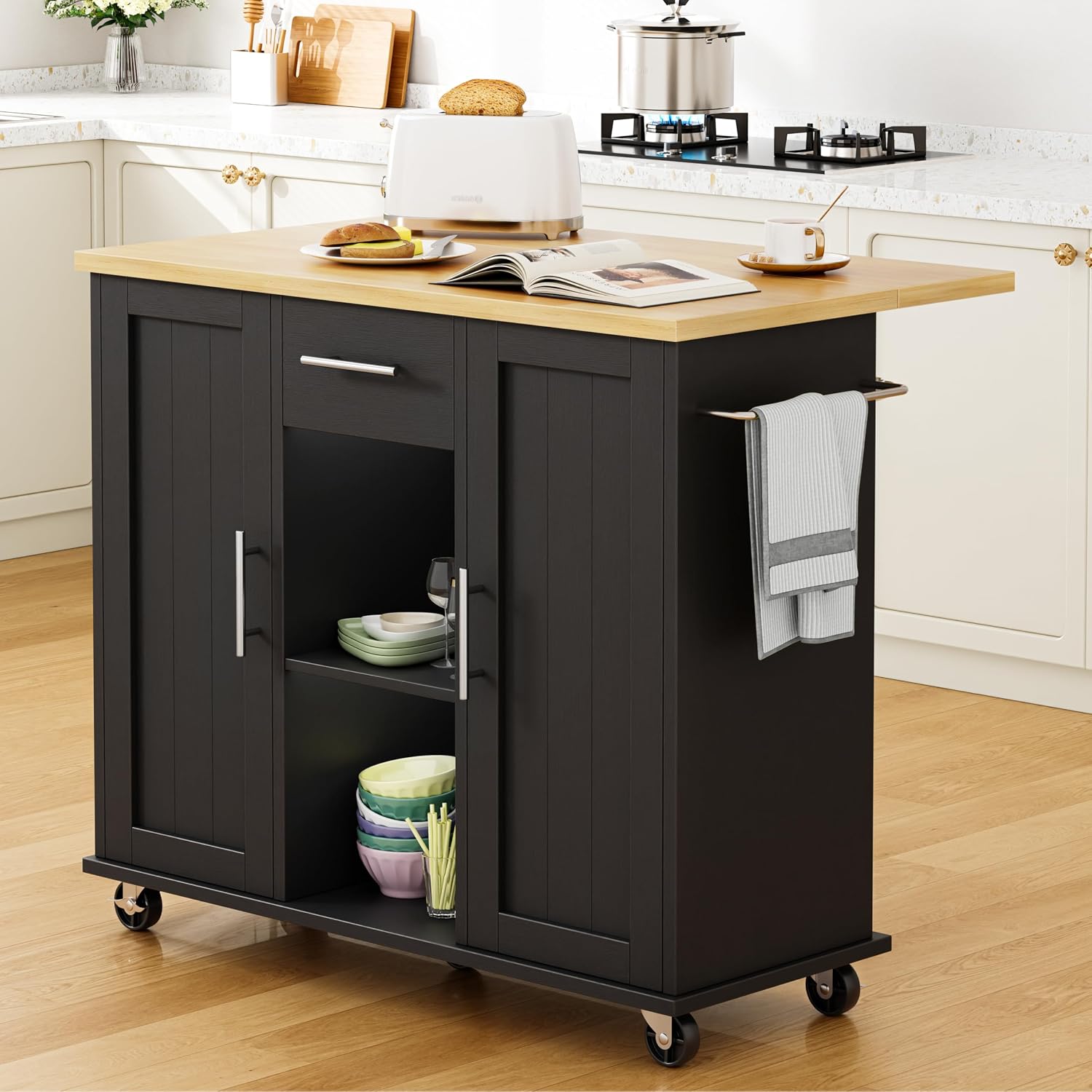 Shintenchi Kitchen Island cart with Storage, Portable Bar Cabinet on Wheels, Rolling Microwave Cart Side Table with Workstation for Kitchen, White