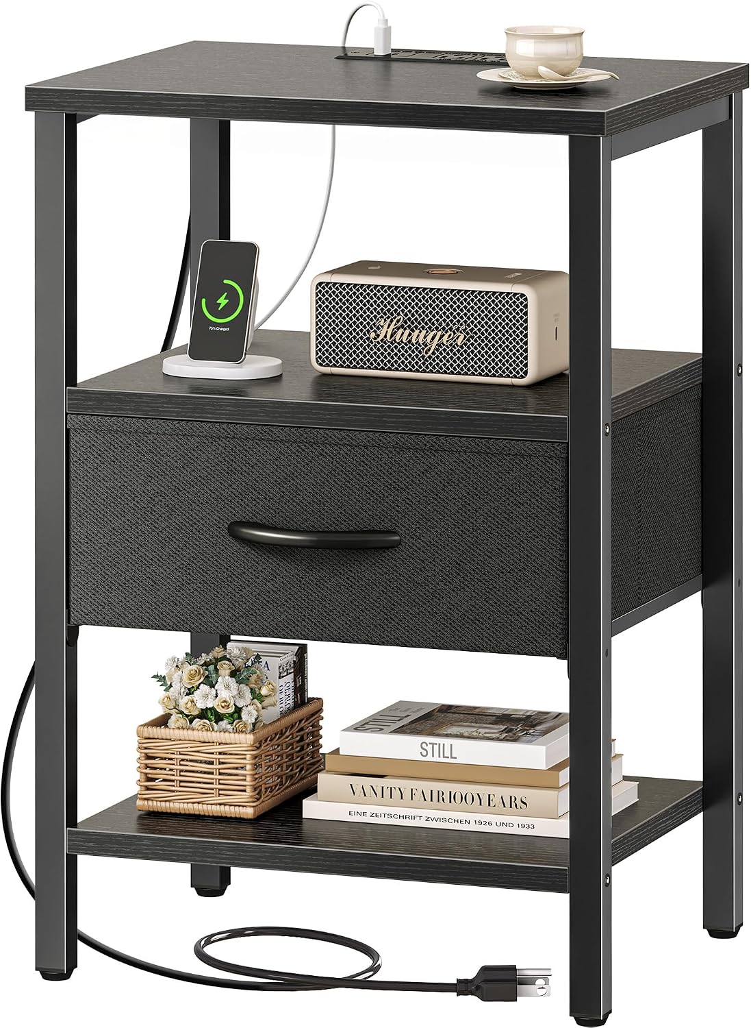 SUPERJARE Nightstand Set of 2, Bed Side Tables with Charging Station, Adjustable Fabric Drawer, Night Stand for Bedroom, 3-Tier Storage End Tables