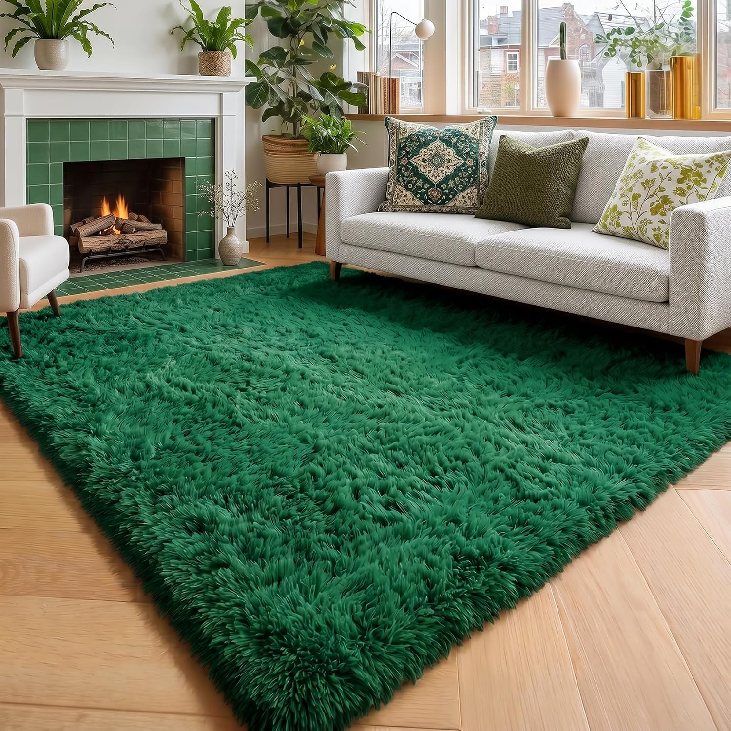 Amdrebio Grass Green Rugs for Living Room Bedroom Decor Aesthetic, 9x12 Large Fluffy Shag Area Rug for Kids Room Baby Nursery Teen Girls Boys