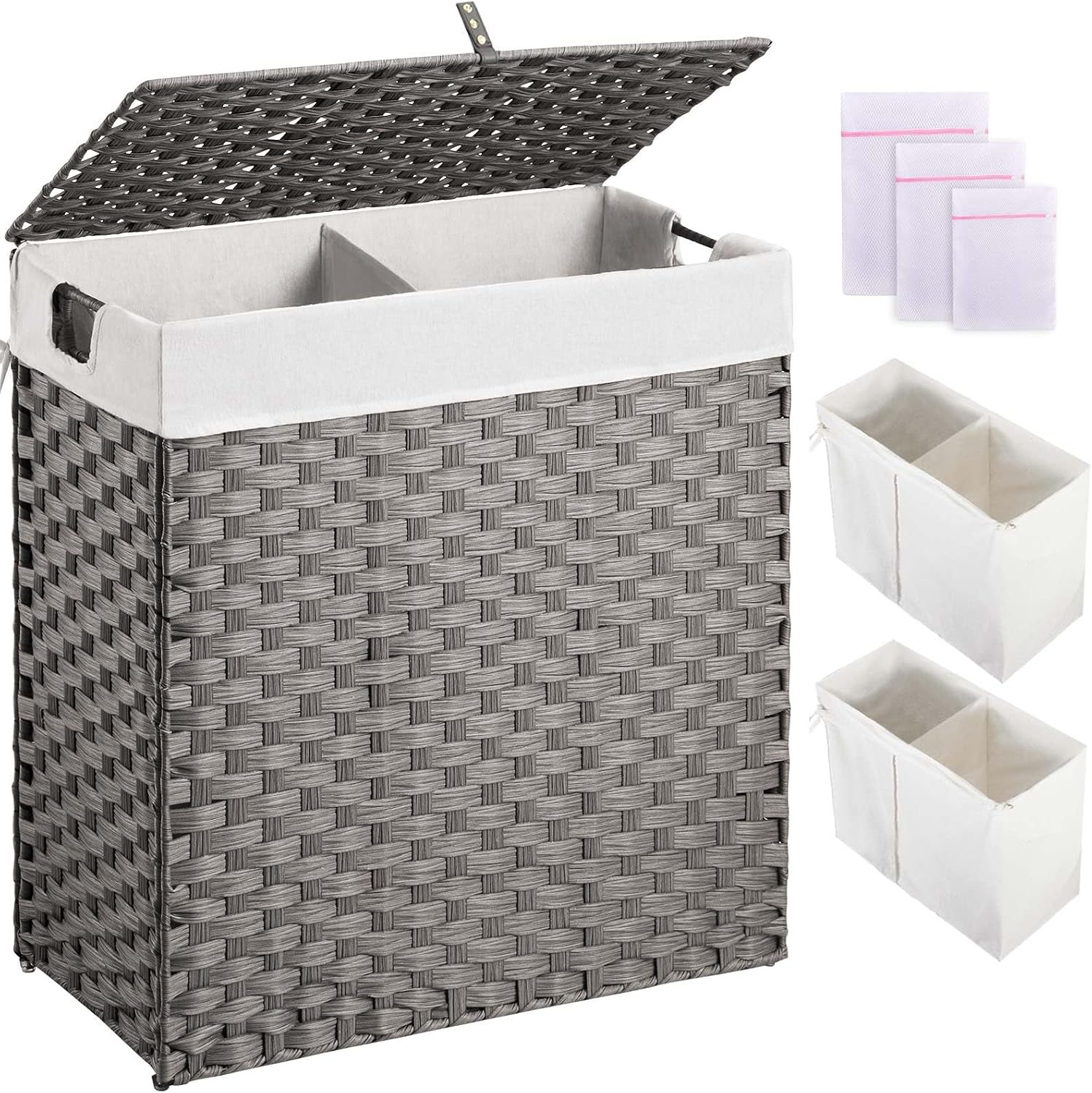 Greenstell Laundry Hamper with lid, No Install Needed, 110L Wicker Laundry Baskets Foldable 2 Removable Liner Bags