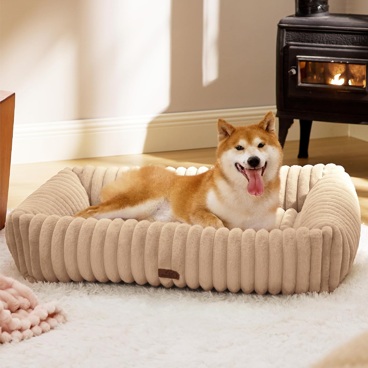 Bedsure ComfyFleece™ Cute Dog Beds Large Sized Dog Washable, 36in Blush Pink, Furry Big Square Pet Beds, Washable Aesthetic