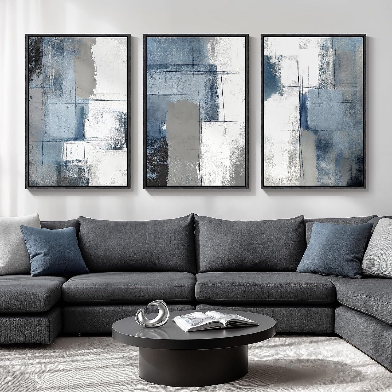 Large Framed Boho Modern Neutral Abstract Wall Art for Living Room, 3 Piece Black and White Canvas Prints Paintings Artwork for Walls