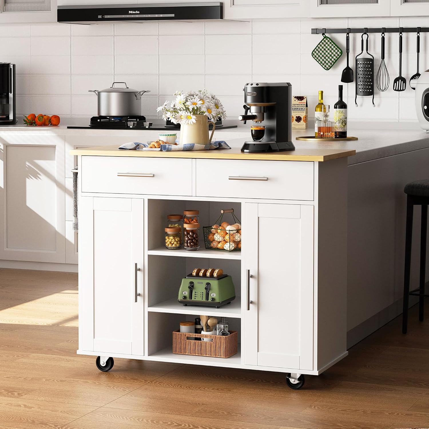 Shintenchi Kitchen Island Cart with Storage, Rolling Side Table on Wheels with Worktop, Single Door Cabinet and Drawer for Dining Room, White