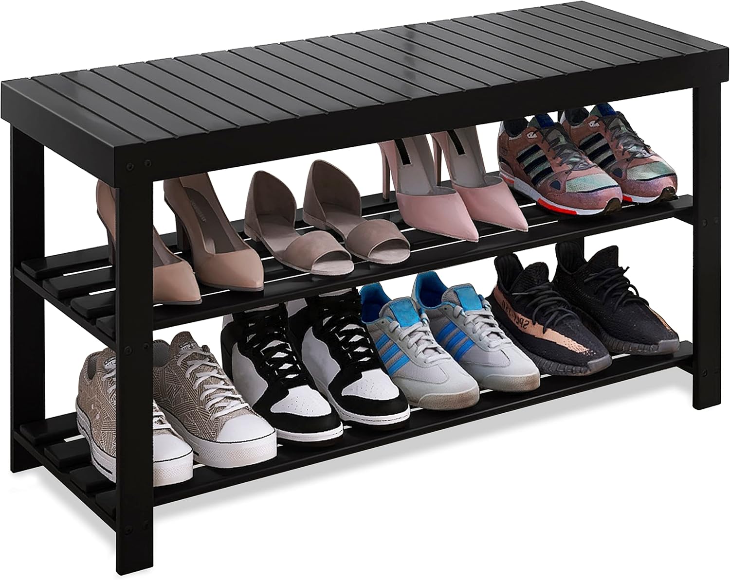 SMIBUY Bamboo Shoe Rack Bench, 3-Tier Shoe Organizer Storage Shelf for Entryway Hallway Bathroom Living Room (Grey)