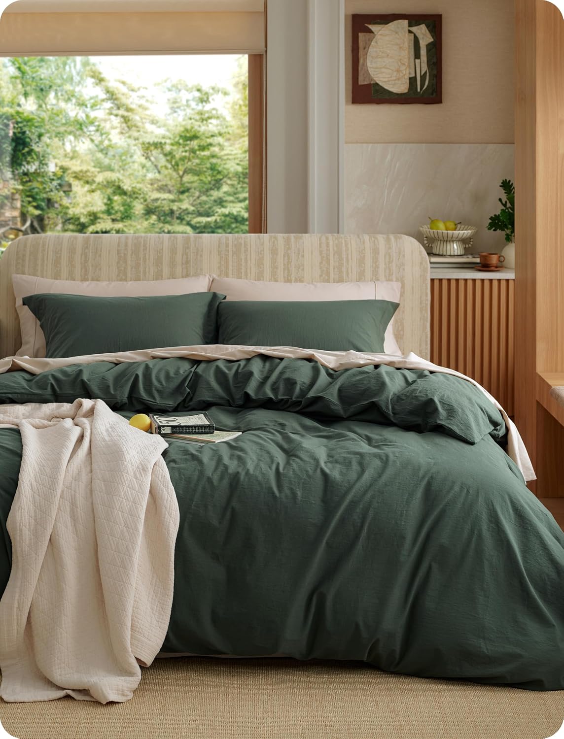 Bedsure 100% Washed Cotton Duvet Cover King Size - Sage Green Minimalist Bedding Set Linen Like - PureWoven Plain Simple and Soft Comforter Cover for
