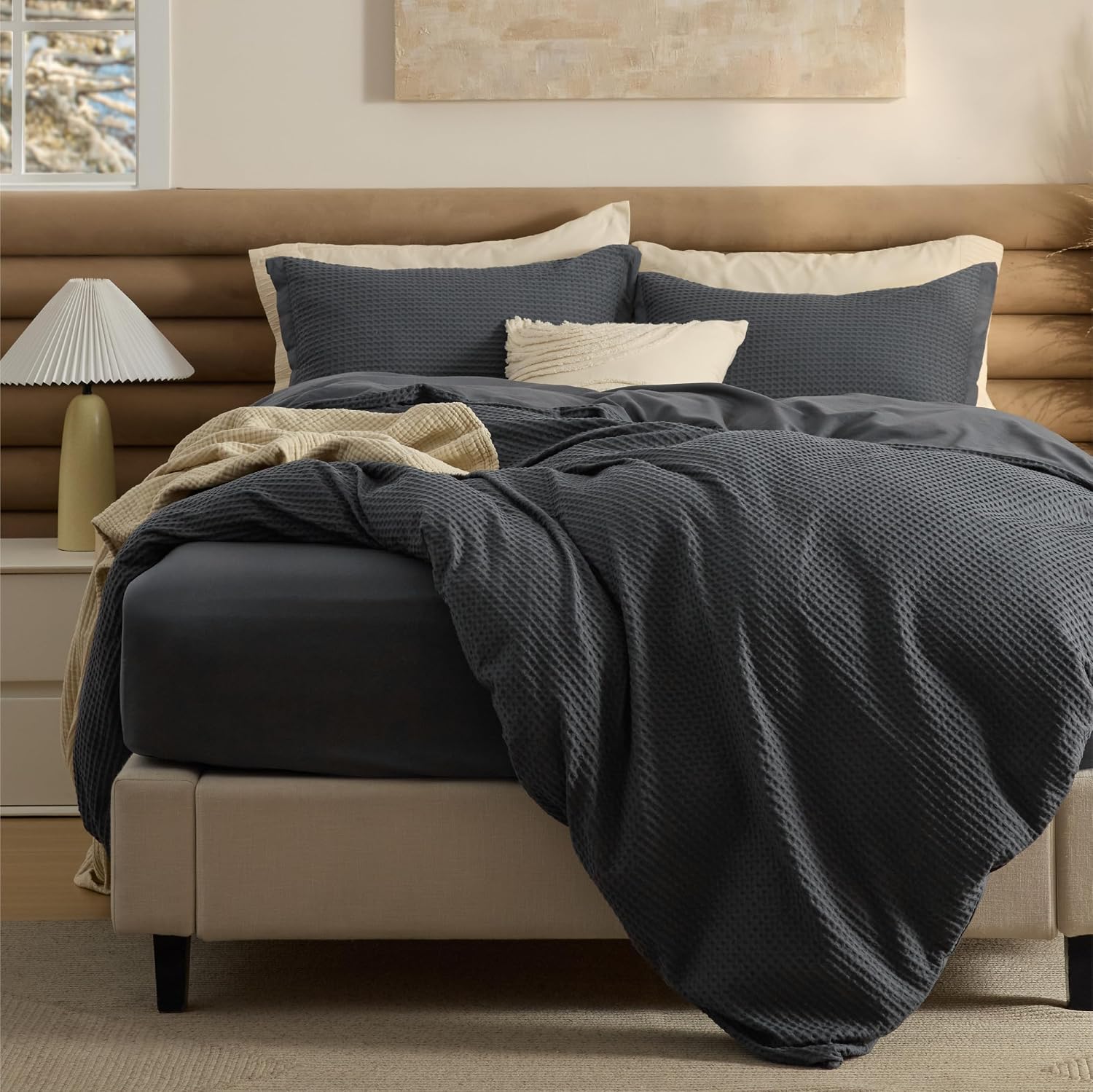 Bedsure Cotton Duvet Cover Queen - 100% Cotton Waffle Weave Coconut White Duvet Cover Queen Size, PureWoven Breathable Bedding Set for All Season