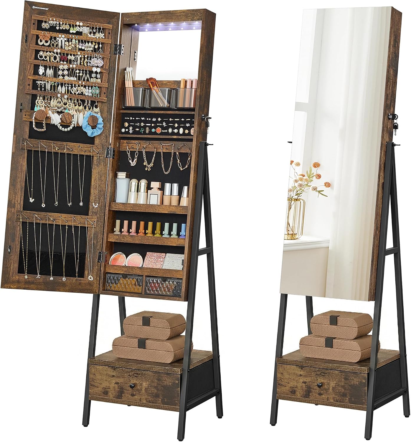 SONGMICS LED Cabinet Standing, Lockable Jewelry Armoire with Full-Length Mirror, Space-Saving Jewelry Organizer with Mirror, Bottom Drawer and Shelf