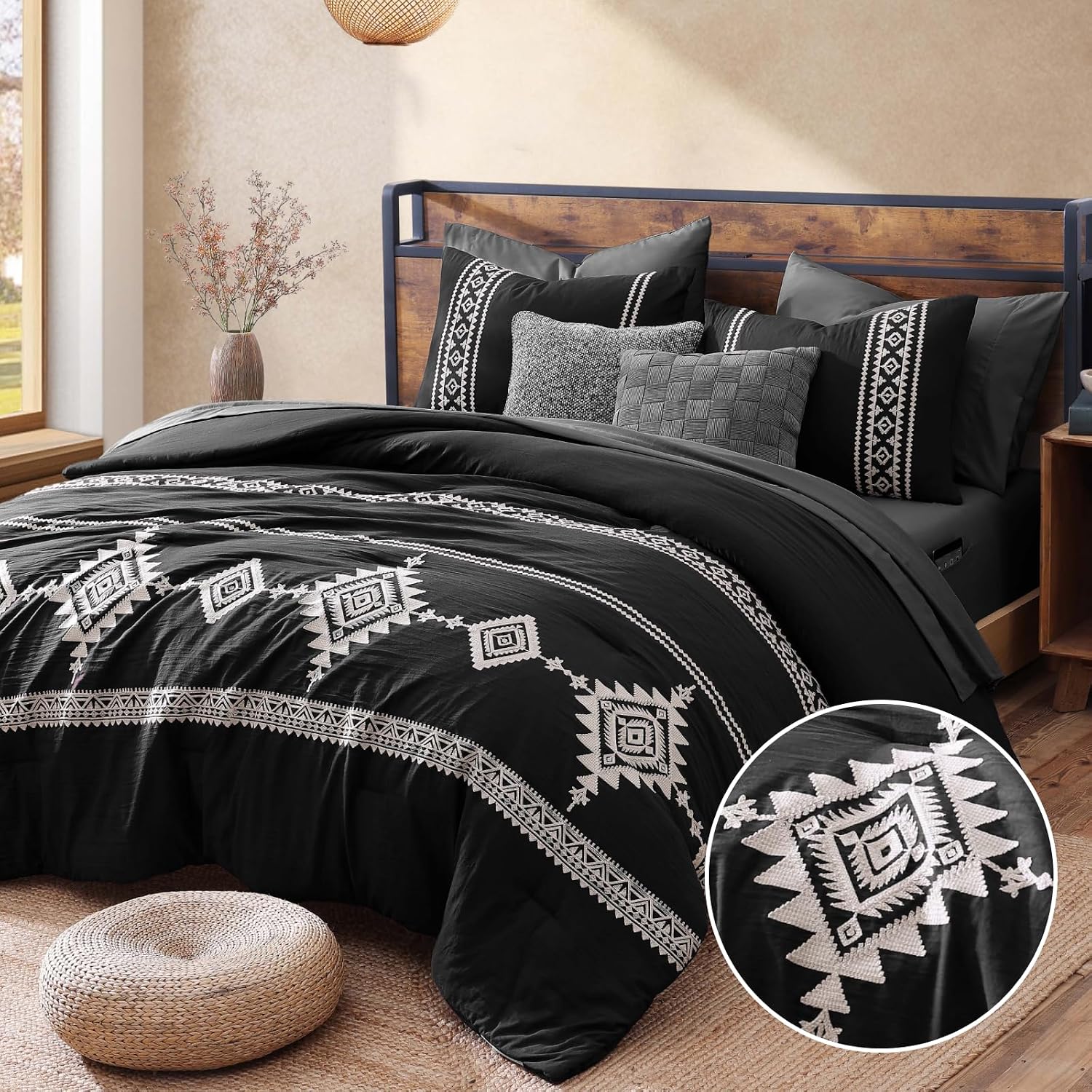 MaiRêve Embroidery Comforter Set Queen Size - 7 Piece, White Boho Western Bedding All Season Bed in A Bag, Farmhouse Queen Comforter Set with Sheets