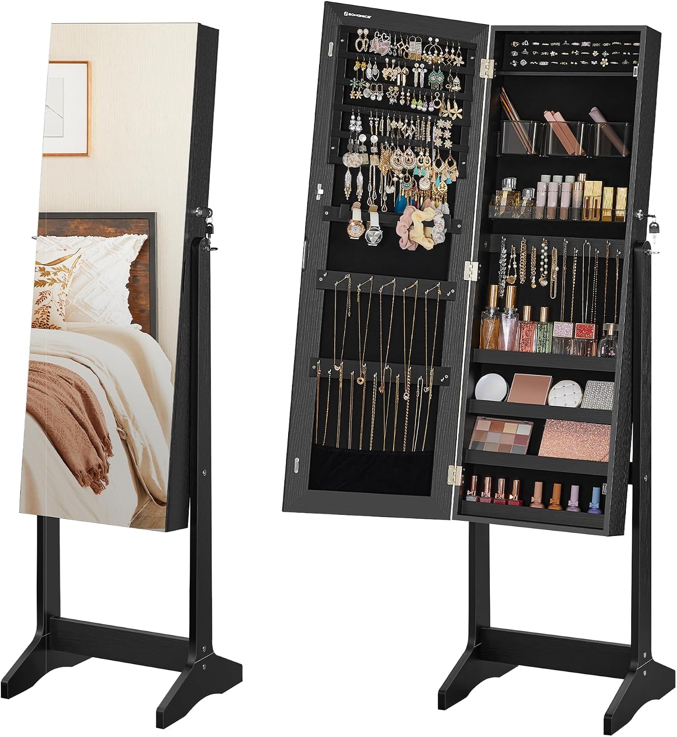 SONGMICS LED Cabinet Standing, Lockable Jewelry Armoire with Full-Length Mirror, Space-Saving Jewelry Organizer with Mirror, Bottom Drawer and Shelf