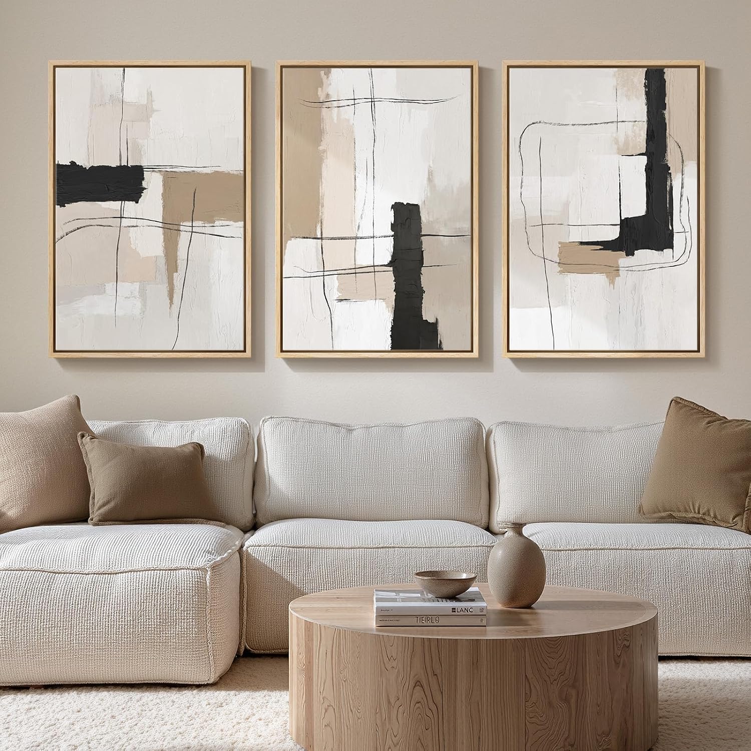 Large Framed Neutral Abstract Wall Art for Living Room, 3 Piece Modern Canvas Prints Paintings Artwork for Walls