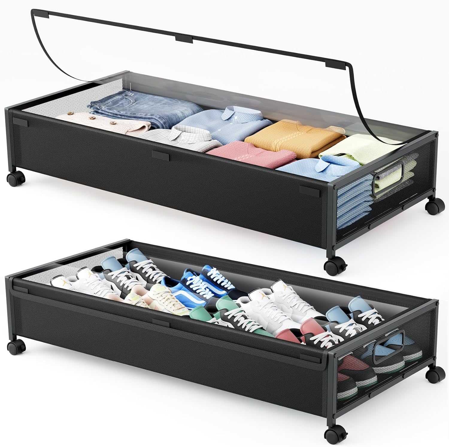 LeArex Under Bed Storage Containers with Wheels 2 Pack Underbed Shoe Storage Bedroom Storage Bins Organizer Large Capacity Under Bed Storage with Lid