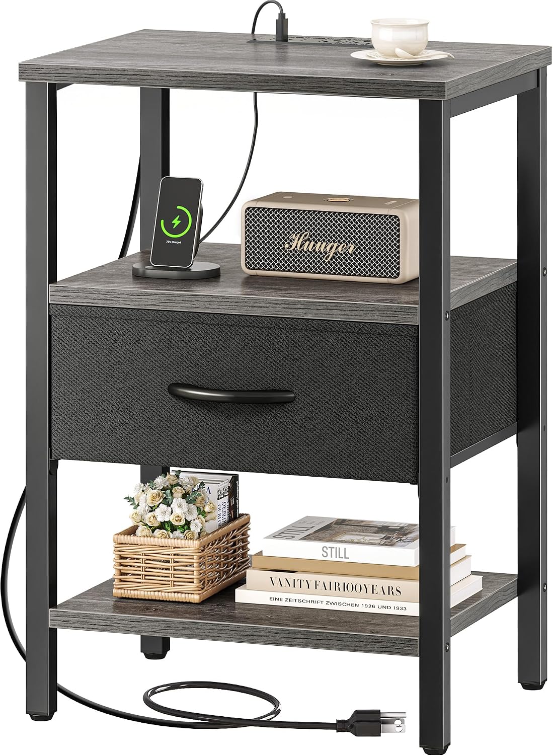 SUPERJARE Nightstand Set of 2, Bed Side Tables with Charging Station, Adjustable Fabric Drawer, Night Stand for Bedroom, 3-Tier Storage End Tables