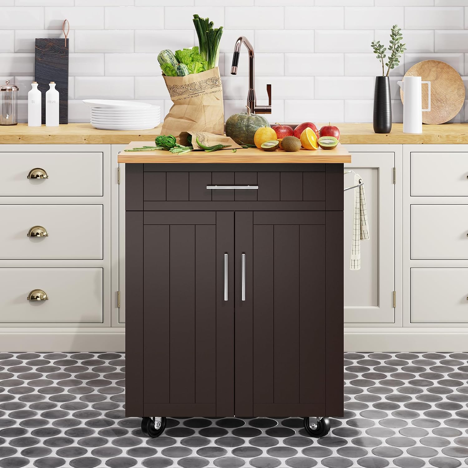 Shintenchi Kitchen Island cart with Storage, Portable Bar Cabinet on Wheels, Rolling Microwave Cart Side Table with Workstation for Kitchen, White