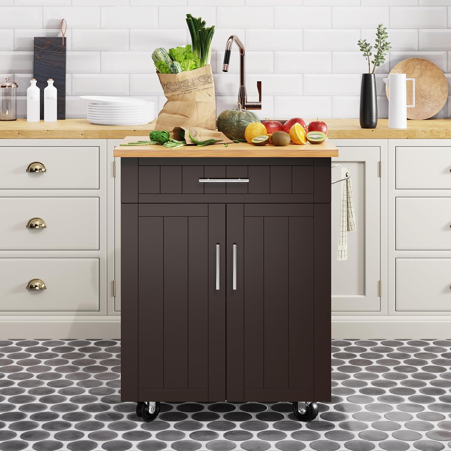 Shintenchi Kitchen Island cart with Storage, Portable Bar Cabinet on Wheels, Rolling Microwave Cart Side Table with Workstation for Kitchen, Black