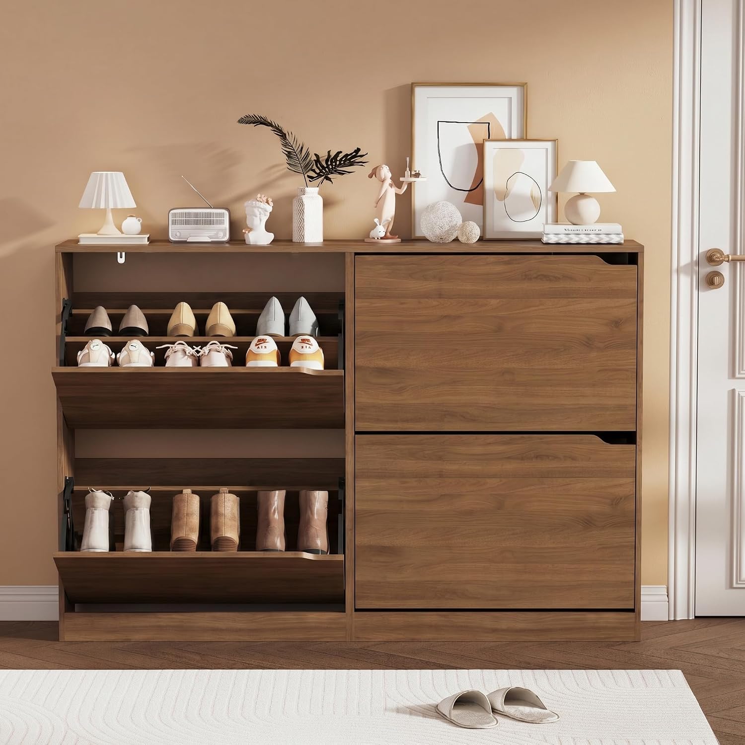 Shoe Storage Cabinet, Wood Shoe Organizer for Entryway with 3 Flip Drawers, Freestanding Shoe Rack with Adjustable Shelf