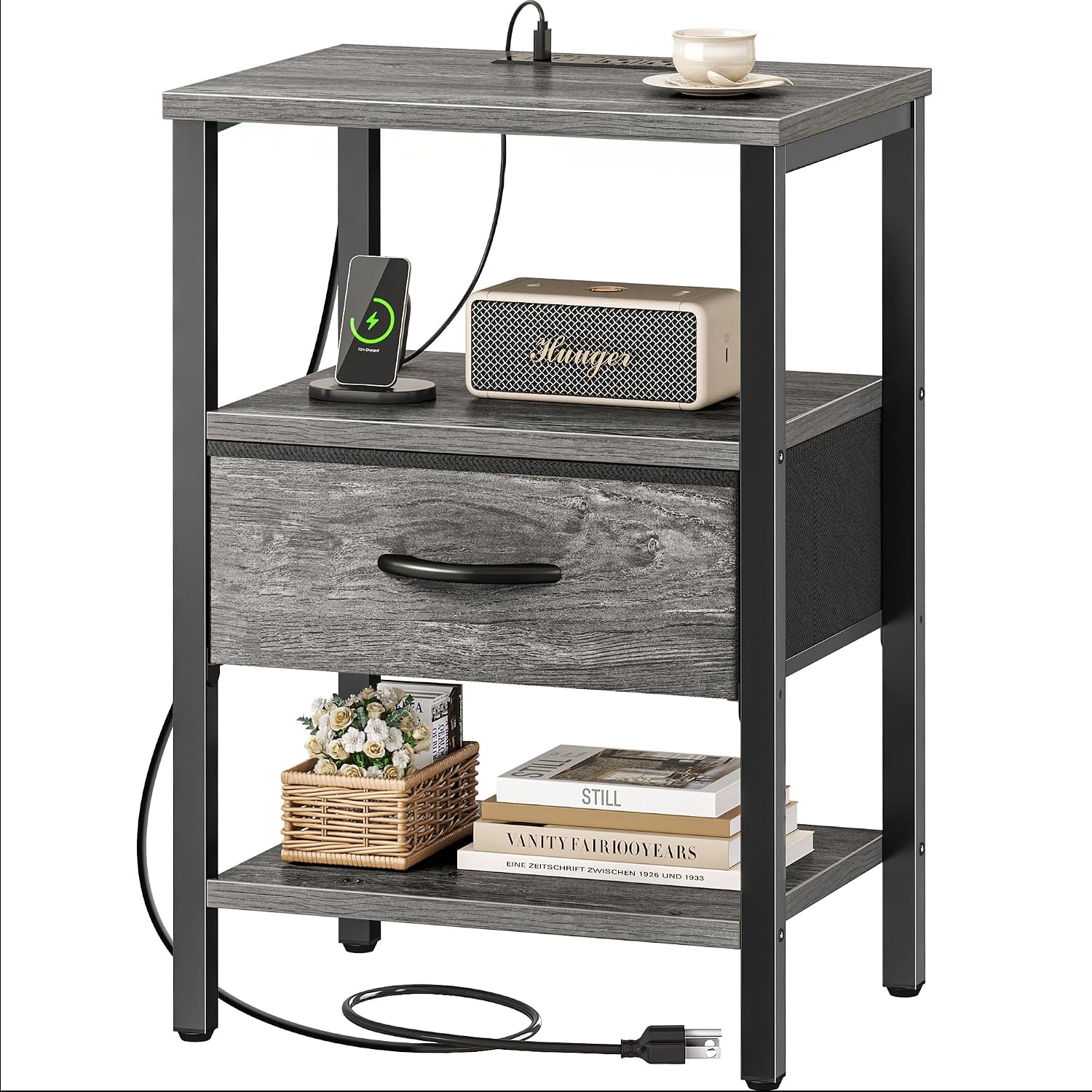 SUPERJARE Nightstand Set of 2, Bed Side Tables with Charging Station, Adjustable Fabric Drawer, Night Stand for Bedroom, 3-Tier Storage End Tables