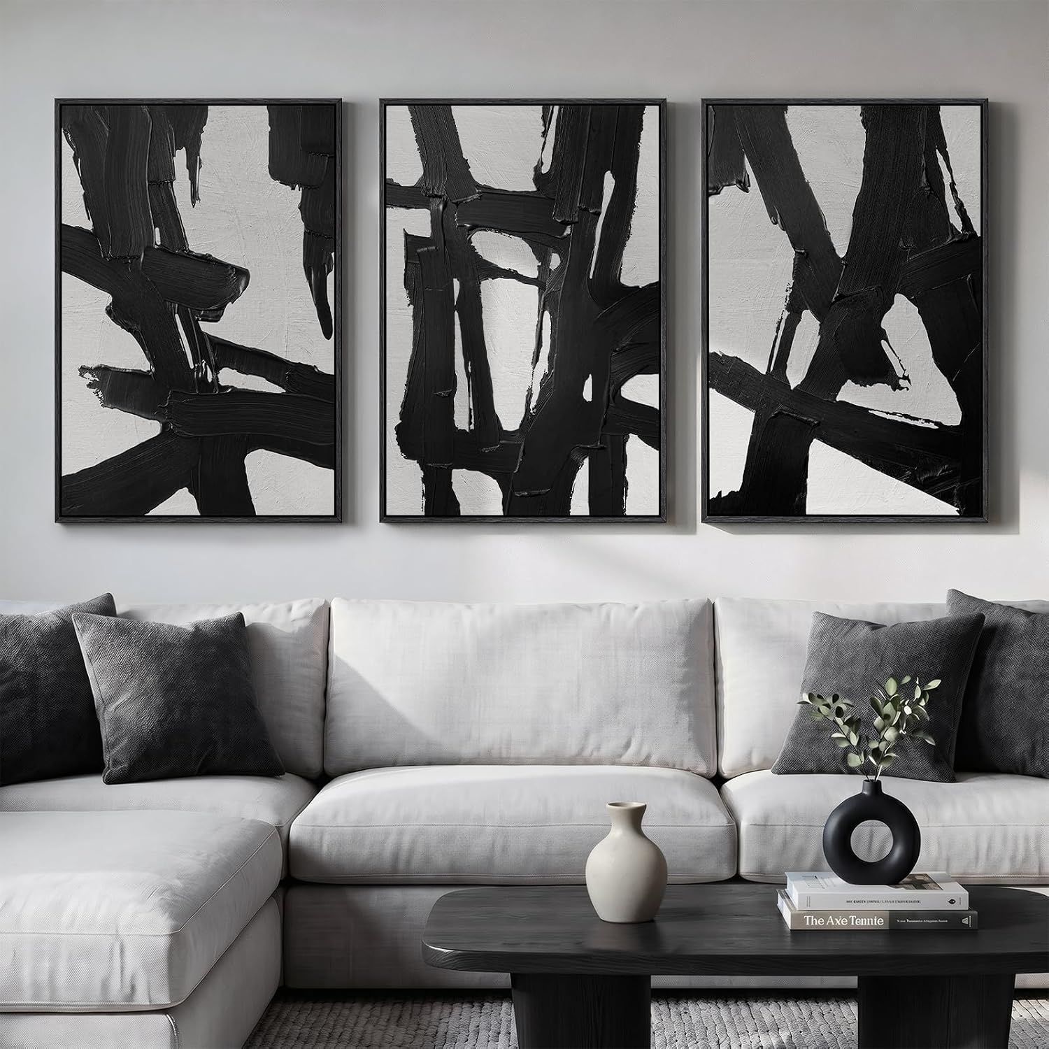 Large Framed Boho Modern Neutral Abstract Wall Art for Living Room, 3 Piece Black and White Canvas Prints Paintings Artwork for Walls