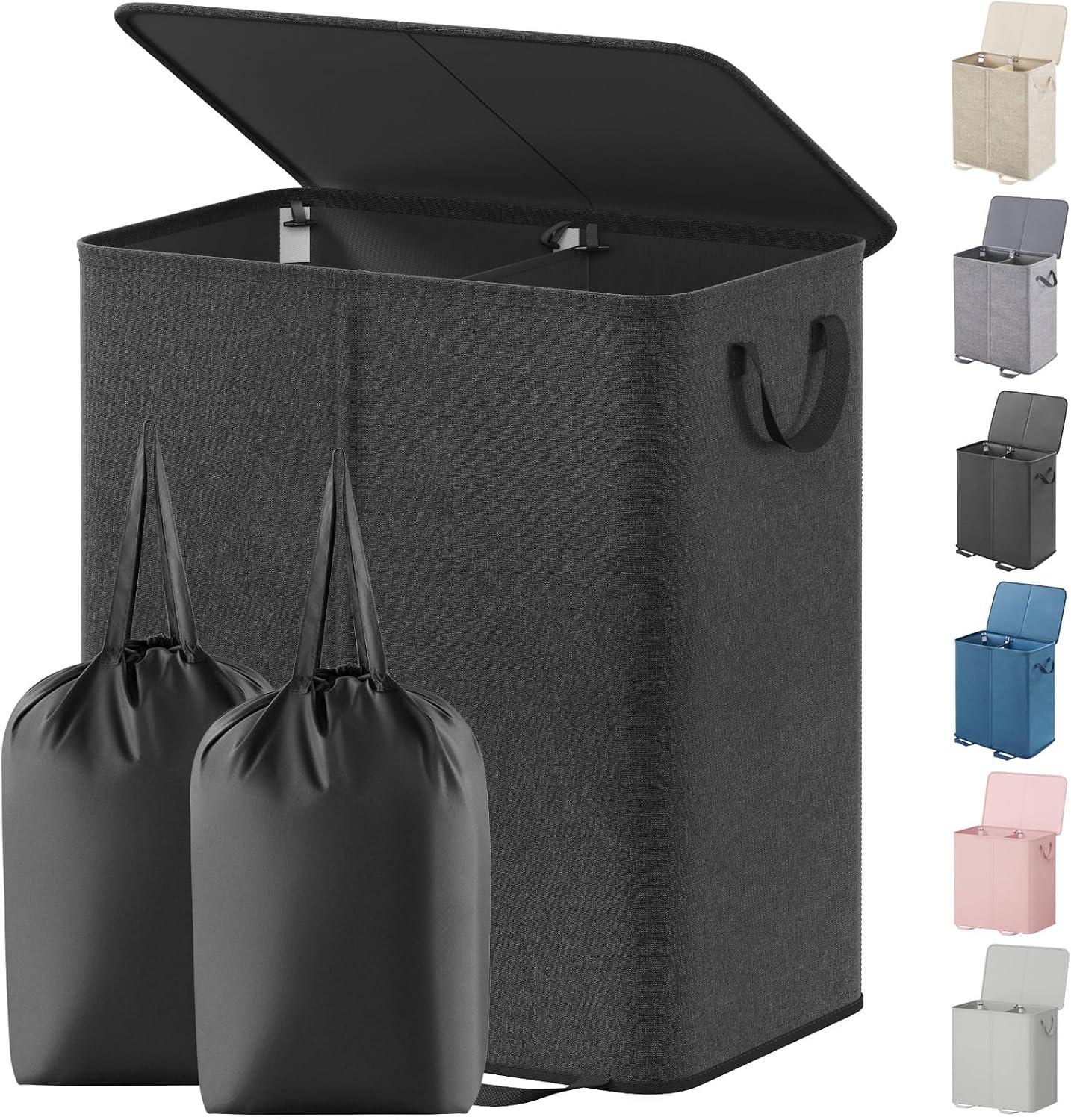 Lifewit Double Laundry Hamper with Lid and Removable Laundry Bags, Large Collapsible 2 Dividers Dirty Clothes Basket with Handles for Bedroom Laundry