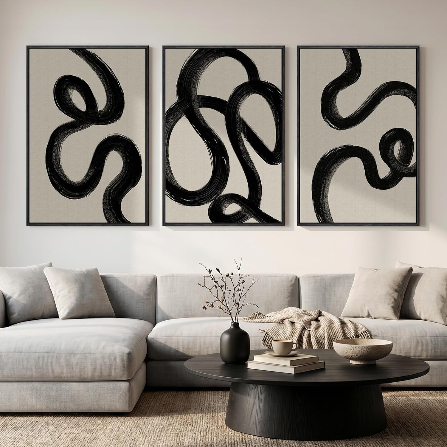 Large Framed Boho Modern Neutral Abstract Wall Art for Living Room, 3 Piece Black and White Canvas Prints Paintings Artwork for Walls