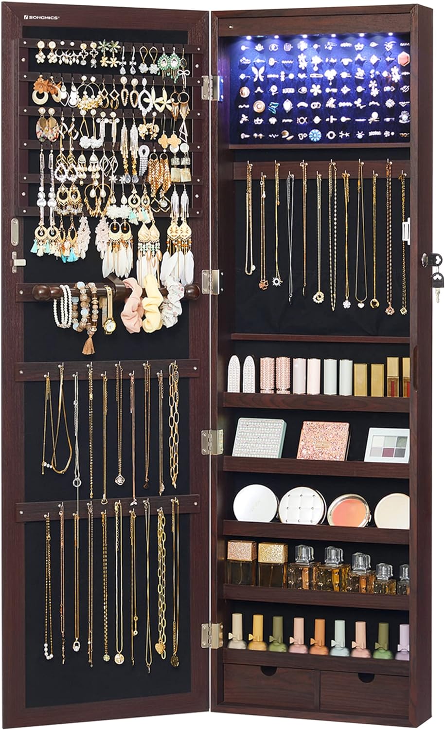 SONGMICS 6 LEDs Mirror Jewelry Cabinet, 47.2-Inch Tall Lockable Wall or Door Mounted Jewelry Armoire Organizer with Mirror, 2 Drawers