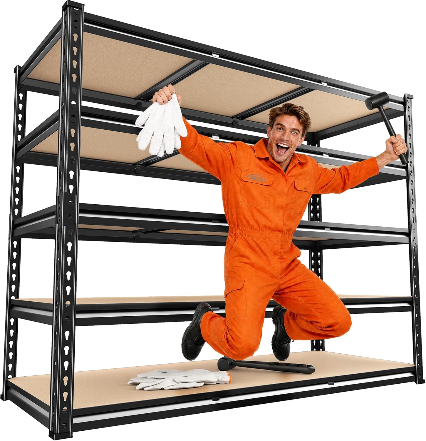 REIBII 3080LBS Garage Shelving for Warehouse, 5 Tier Heavy Duty Shelving, 48"W x 24"D x 72"H, 5-Tier Adjustable Shelves, Freestanding
