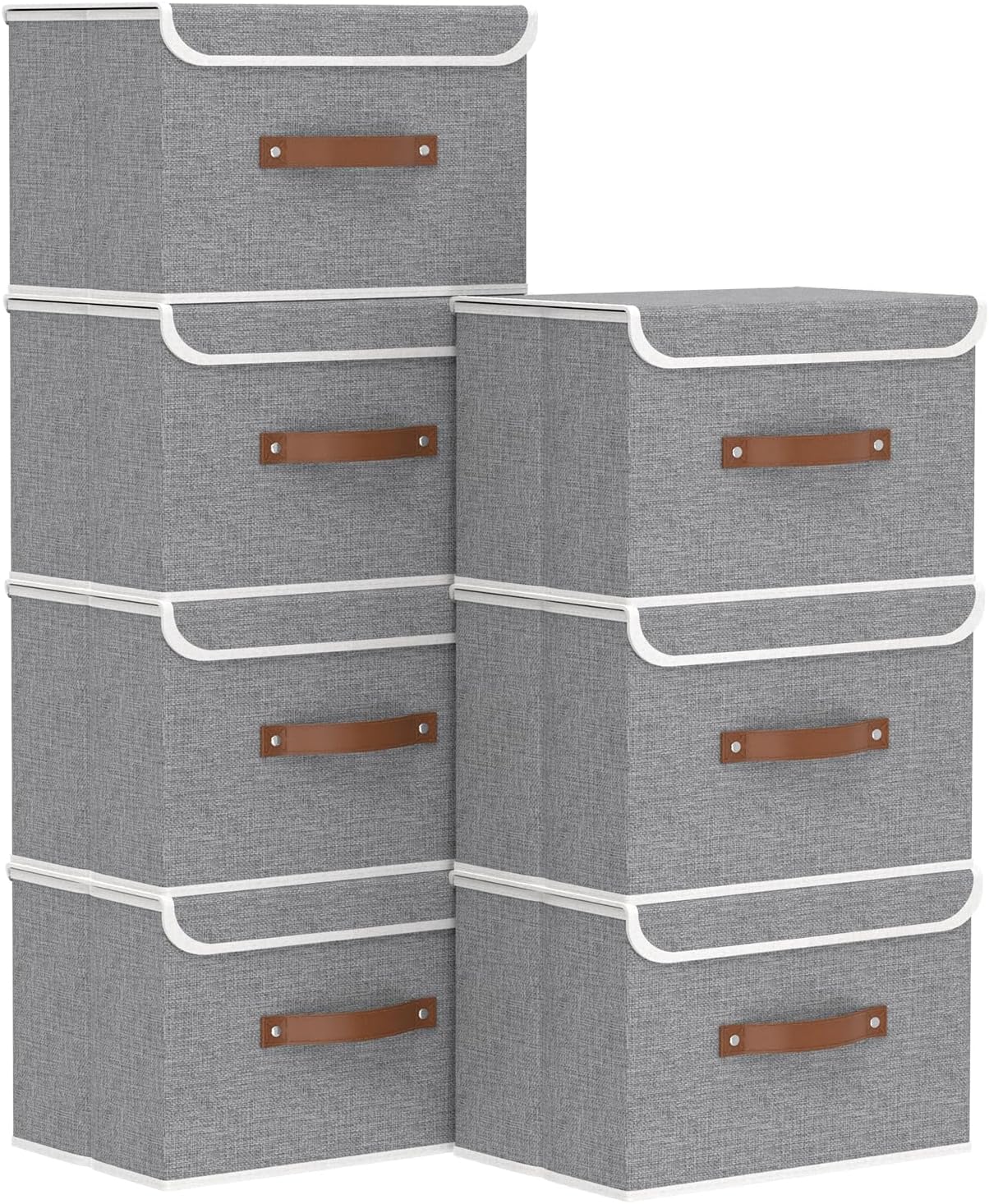 Yawinhe Collapsible Storage Boxes, Linen Fabric Baskets, Bin with lid and Leather Handle, Washable, for Home, Closet, Beige, 17.7''Lx11.8''Wx11.8''H