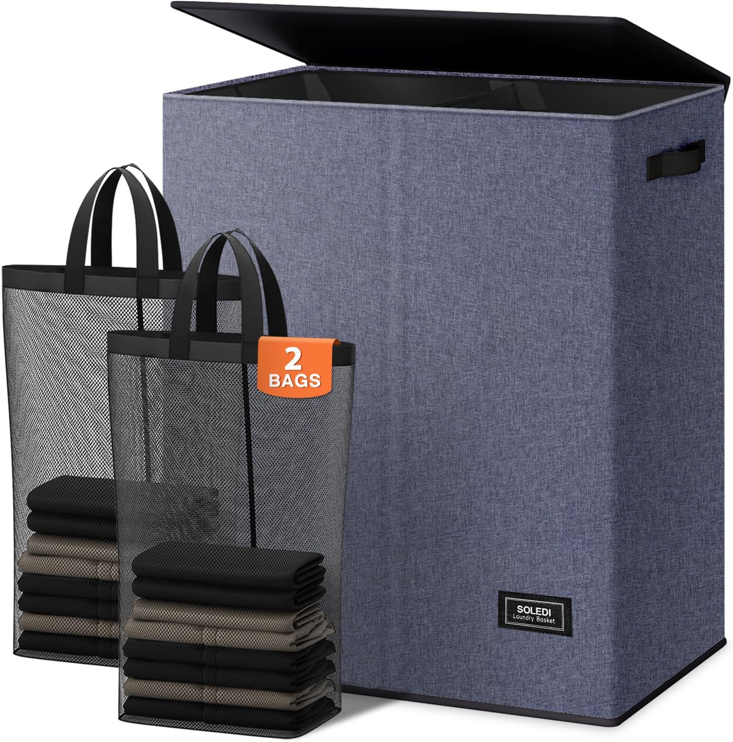 SOLEDI Luxury Double Laundry Hamper with Lid and Removable Bags, 38.3 Gal Large Laundry Bin, Laundry Basket 2 Sections