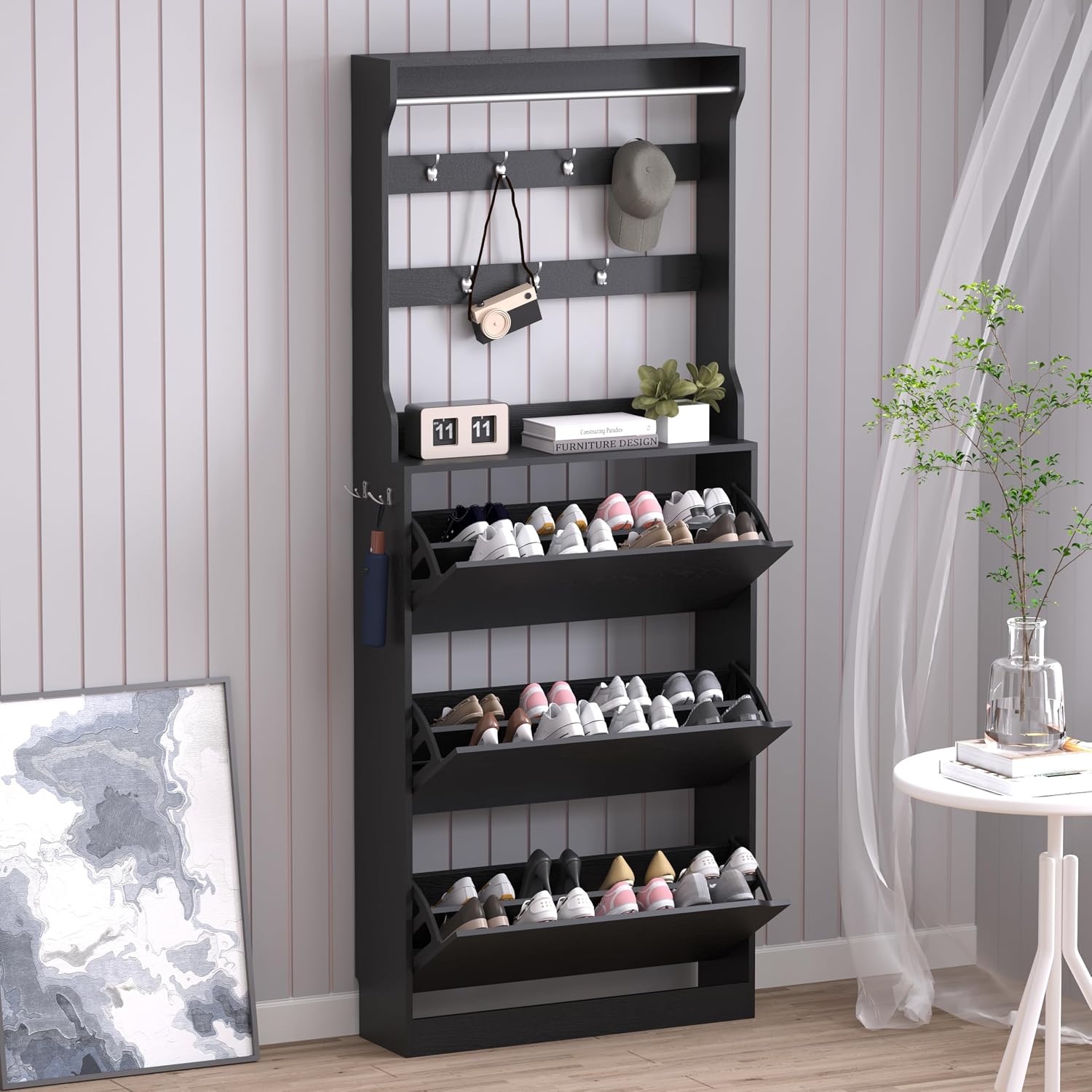 BORNOON Shoe Cabinet with 3 Flip Drawers, Hidden Wood Shoe Cabinet, Freestanding Shoe Storage Cabinet for Entryway Hallway.White. 47.2" H*31.5" W*9