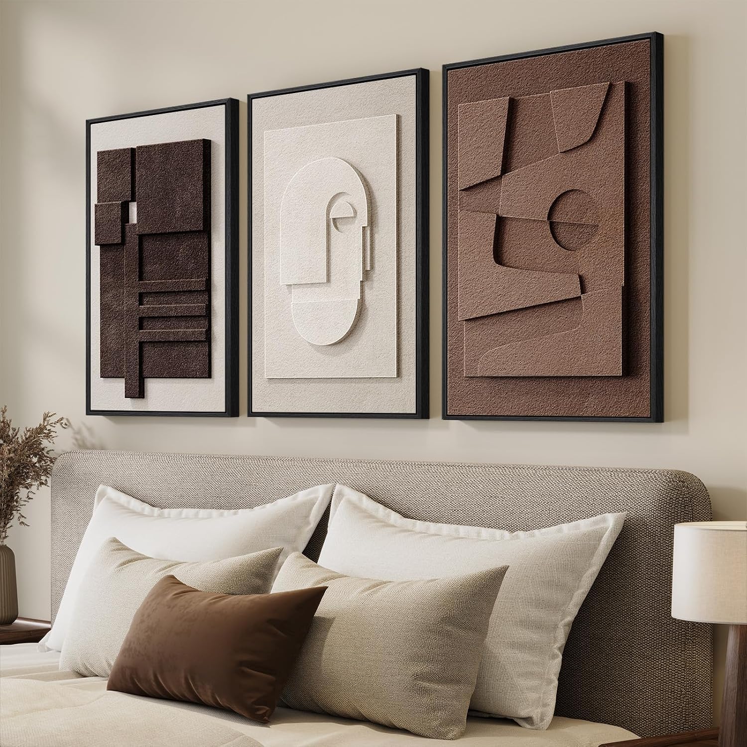 Large 3D Textured Framed Boho Modern Neutral Abstract Wall Art for Living Room, 3 Piece Black White Brown Paintings Artwork for Walls
