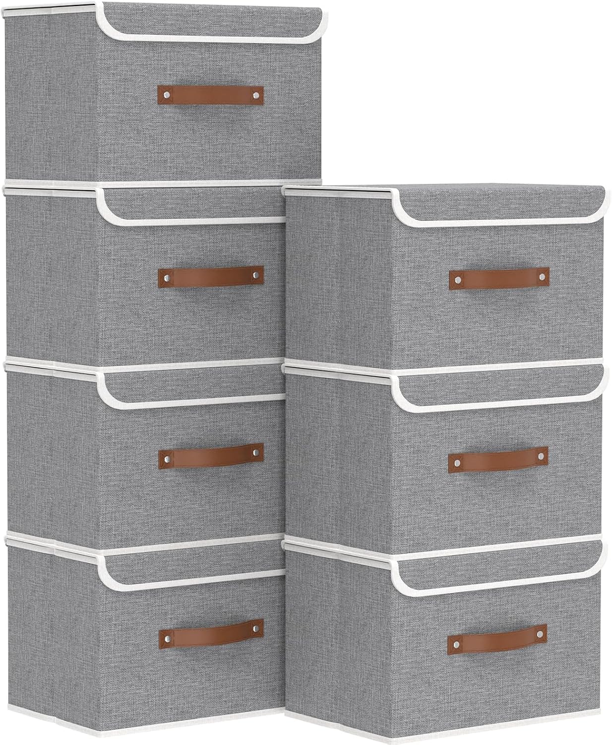 Yawinhe Collapsible Storage Boxes, Linen Fabric Baskets, Bin with lid and Leather Handle, Washable, for Home, Closet, Beige, 17.7''Lx11.8''Wx11.8''H