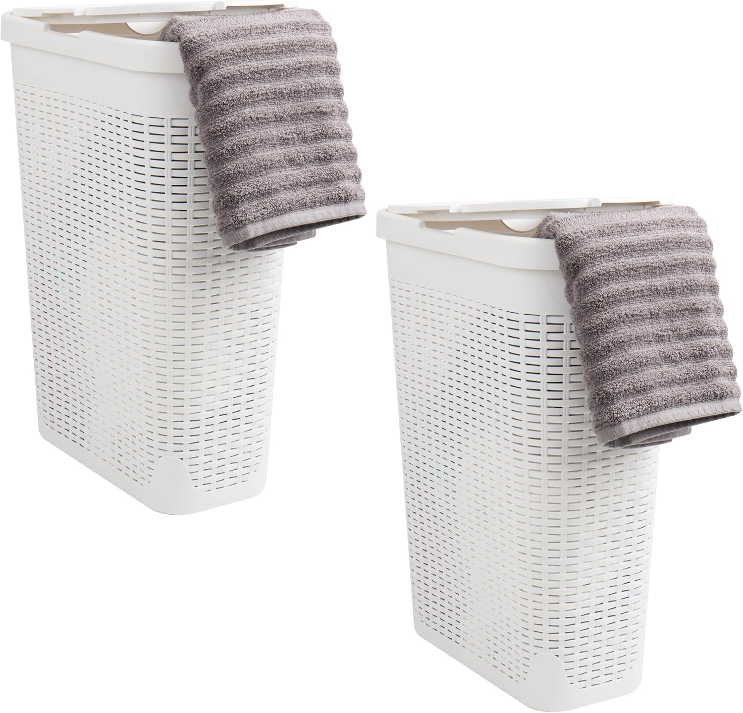 Mind Reader Slim Laundry Hamper with Lid, 40L Clothes Basket, Narrow Tapered Design with Ventilated Cutout Pattern, Plastic, White