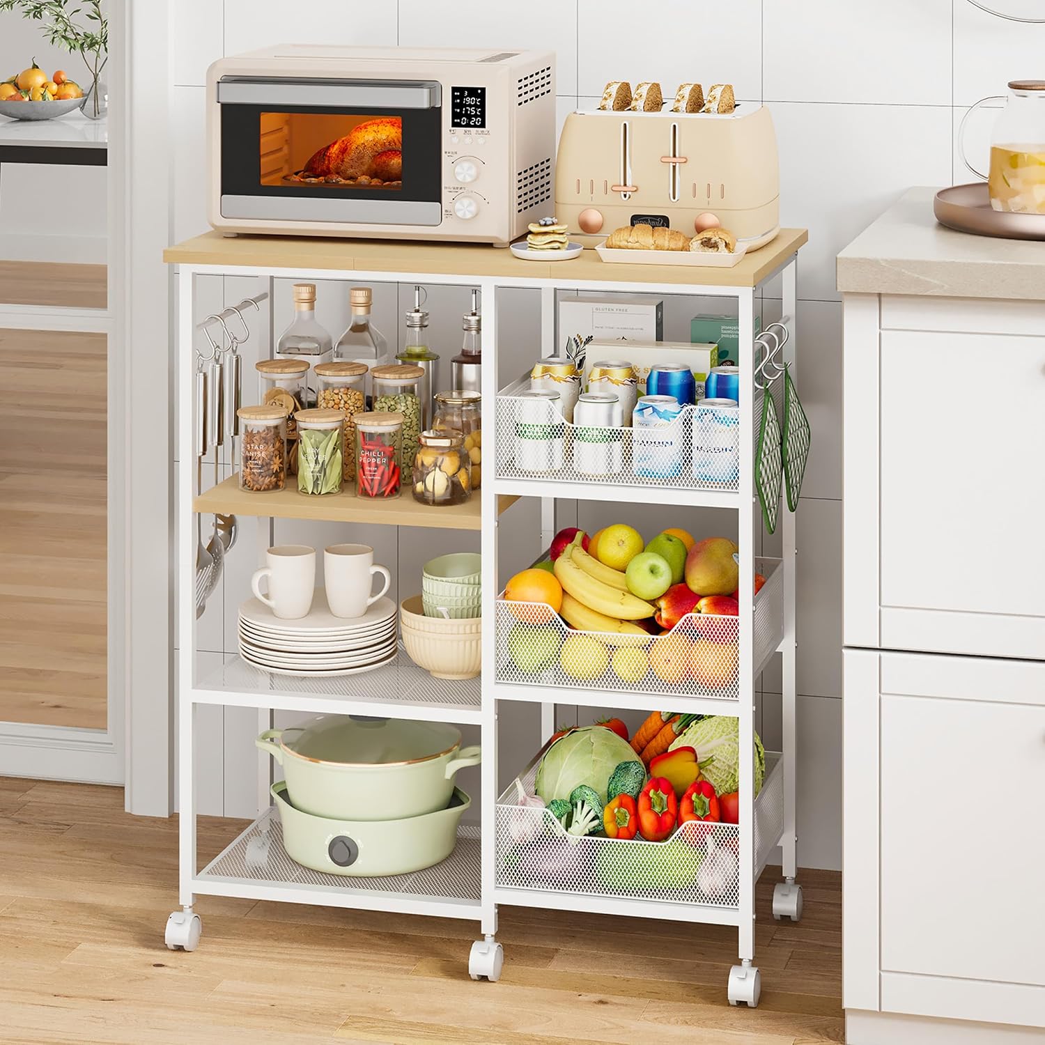 HapiRm Rolling Kitchen Carts with Storage - Microwave Table Stand with 6 Hooks and 3 Baskets, kitchen Island Cart on Lockable Wheels