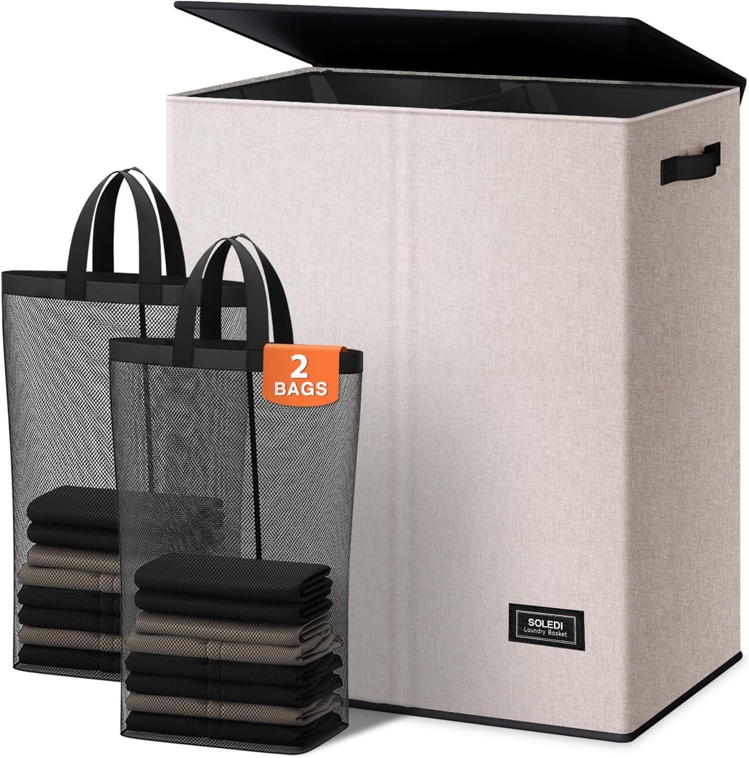 SOLEDI Luxury Double Laundry Hamper with Lid and Removable Bags, 38.3 Gal Large Laundry Bin, Laundry Basket 2 Sections
