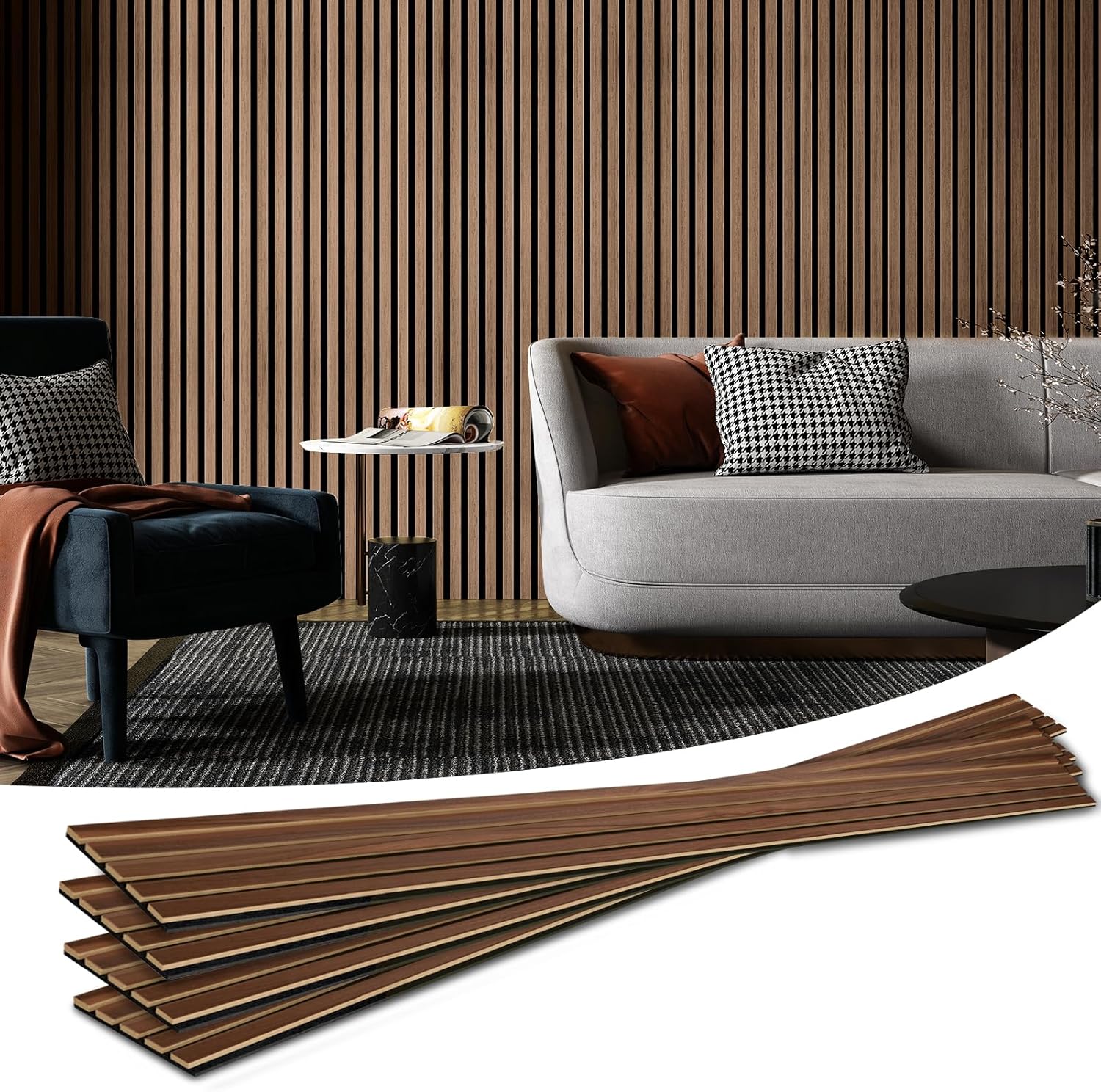 Art3d 6-Piece Wood Slat Acoustic Panels for Stylish Decor and Noise Reduction, 3D Textured Panel for Ceiling and Wall, Walnut